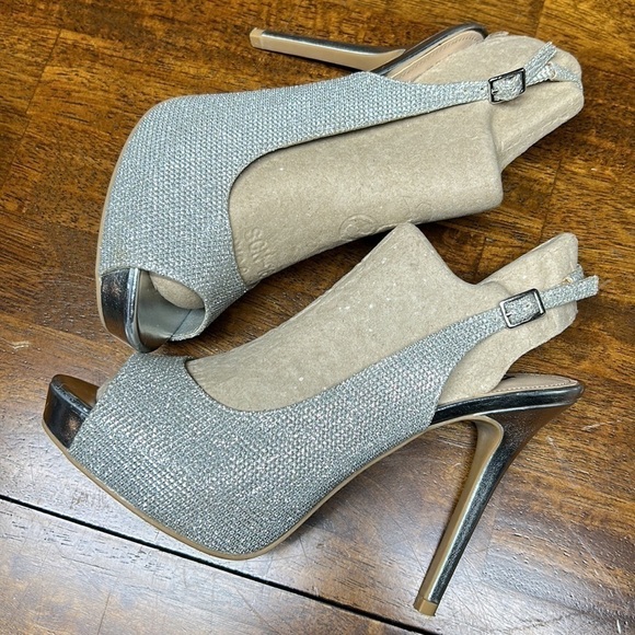 New Year’s Eve stilettos silver glam heels peek toe sexy Fioni sling backs - Picture 5 of 11